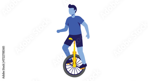 Unicyclist balancing in motion, skillfull one wheel performer in blue and yellow illustration, showing equilibrium and concentration in sportive