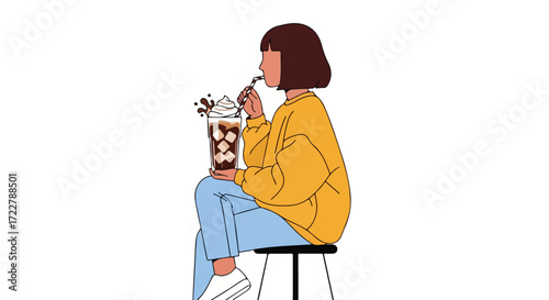 Minimalist illustration of a young woman enjoying a frappe sitting on a stool in a relaxed atmosphere