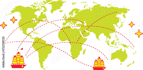Global Trade Routes with Sailing Ships on World Map Illustration