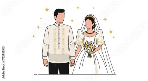 Illustration of a Filipino couple on their wedding day, adorned in traditional attire, holding hands, radiating love and joy, celebrating a special union