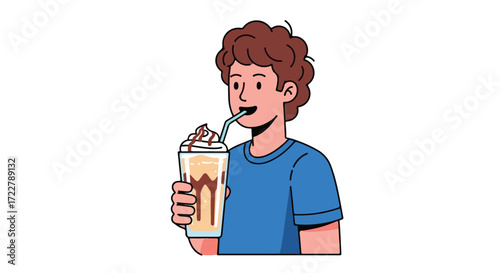 Boy Enjoying a Sweet Frappe: Cartoon Character Sipping a Cold Beverage with Chocolate and Whipped Cream Delightfully Refreshing Moments