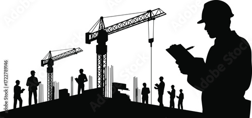 silhouette construction workers with cranes on building site, engineers supervising project, industrial laborers, teamwork in construction industry, architectural development background