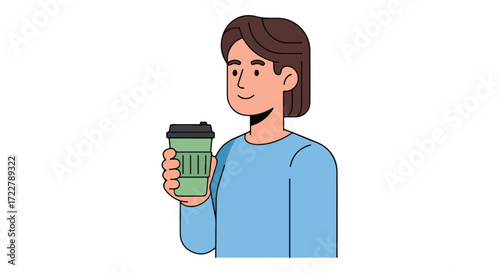 Person enjoying a beverage from an eco-friendly takeaway cup with a relaxed and contented expression illustration