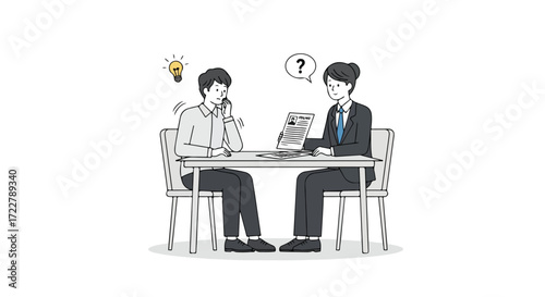 Illustration of a job interview scene with a candidate having an idea and a recruiter questioning the qualifications presented at the table