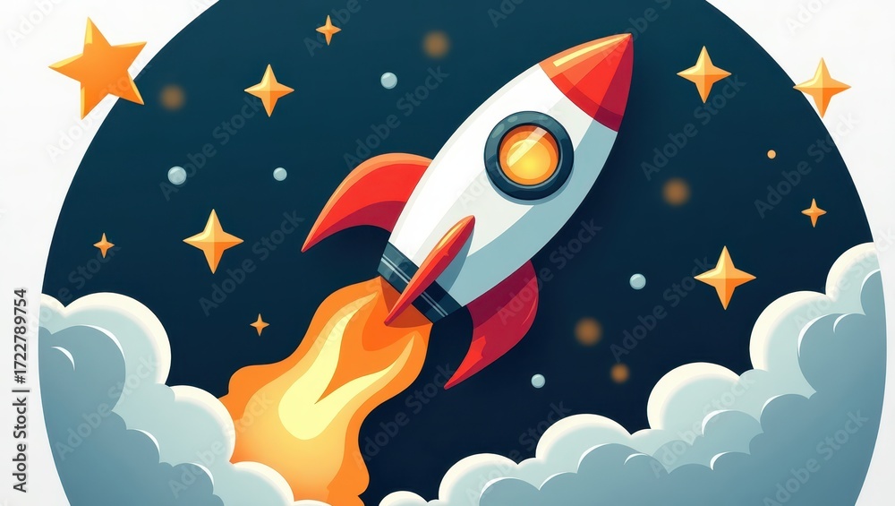 Naklejka premium A vibrant rocket ship blasts off into the night sky, leaving a trail of fiery clouds behind.