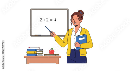Enthusiastic female teacher explaining basic mathematics with educational resources in a classroom setting for effective learning