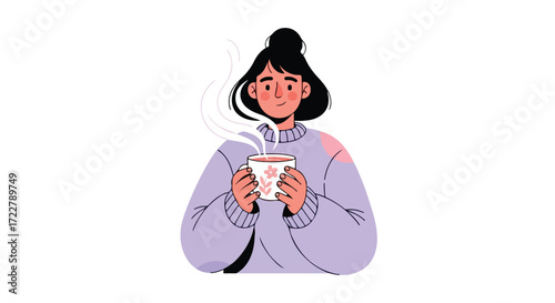 Illustration of a serene woman enjoying a steaming beverage in a cozy setting for moments of peace and tranquility