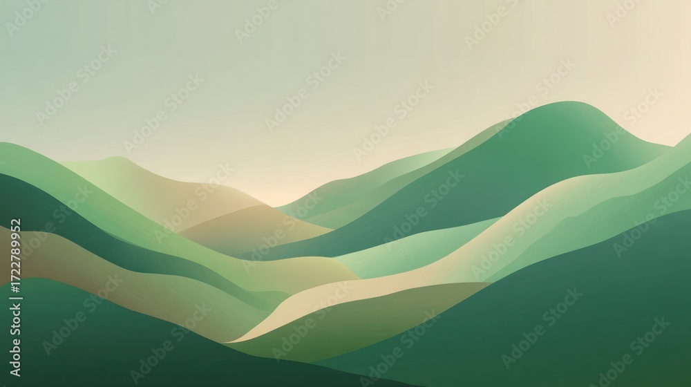 Obraz premium Serene mountain landscape with layers of rolling green hills under a soft, gradient sky