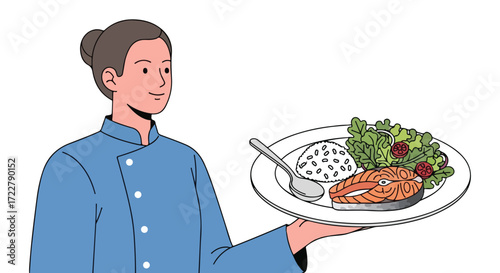 Dedicated chef presenting a meticulously crafted salmon dish for a refined dining culinary experience crafted with precision and care embodying