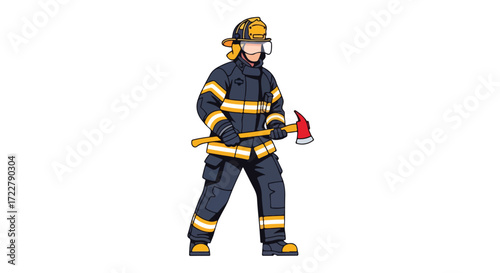 Illustrative portrayal of a courageous firefighter poised for action holding an axe representing bravery and readiness in a vibrant rescue operation
