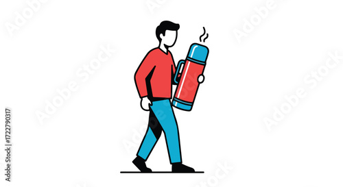 Stylized illustration of a person walking with a thermos of hot beverage emitting steam vapor illustration