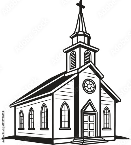 Vector art of black and white illustration of a church with a steeple and cross