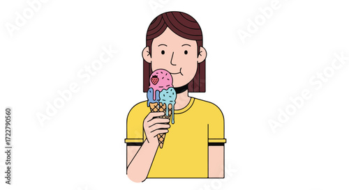 A delightful illustration showcasing a young woman enjoying a refreshing ice cream cone on a bright summery day