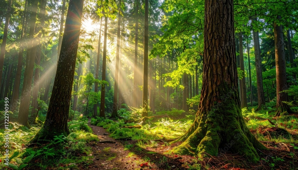 Obraz premium Sun rays penetrate the thick forest canopy, illuminating a dirt path through the woods, creating an idyllic, peaceful scene
