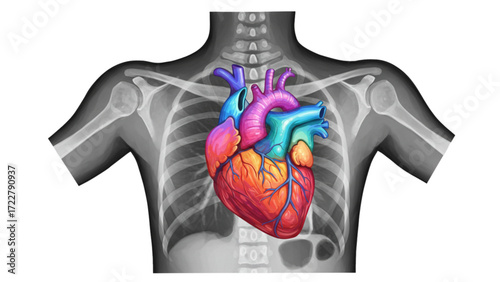 Advanced Colorful Heart Anatomy in Detailed X-Ray Imaging: Medical Science Illustration