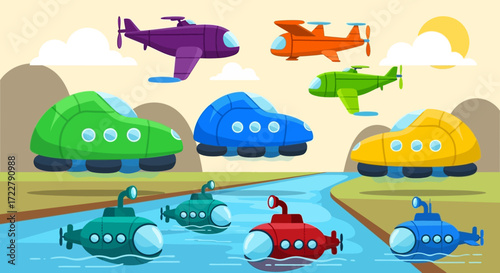 Colorful Cartoon Vehicles - Airplanes, Cars, and Submarines Illustration.