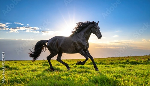 Majestic black horse gallops freely across a vibrant green field under a bright blue sky with sunbeams breaking through scattered clouds