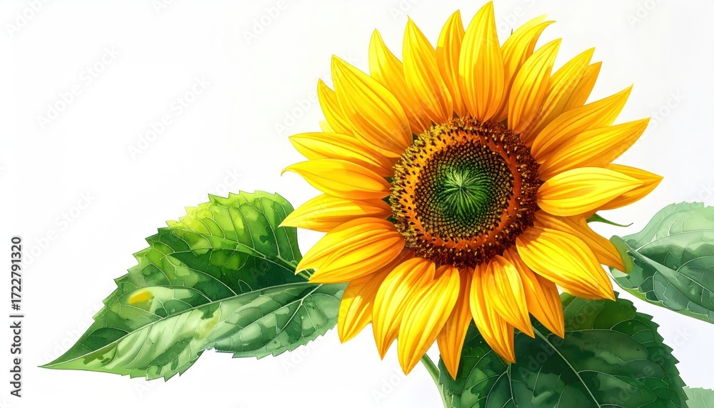 Obraz premium Vibrant sunflower with detailed petals and lush green leaves set against a stark white backdrop, creating a sense of natural beauty and freshness