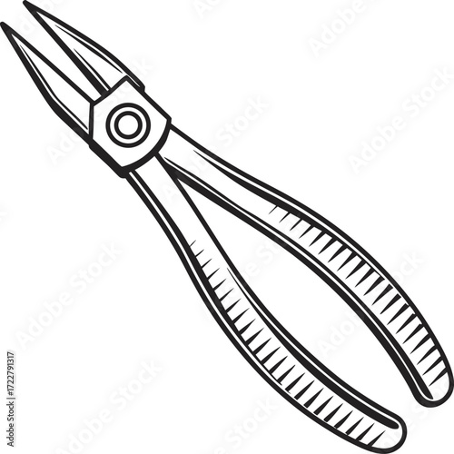 Vector art of a black and white illustration of needle nose pliers