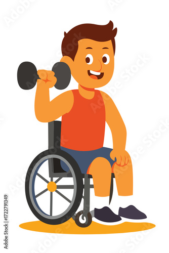 Disabled athlete in wheelchair lifting dumbbell