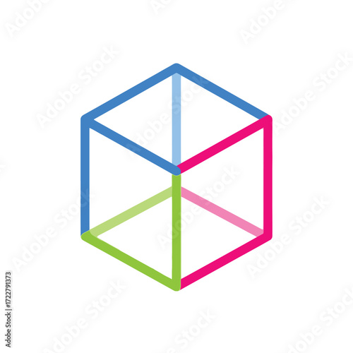 Abstract geometric cube with colorful edges on a white background, modern design concept, minimalist 3D shape illustration
