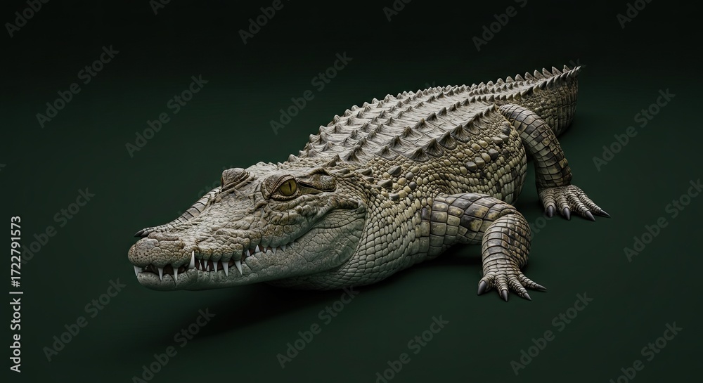 Naklejka premium Detailed image of a crocodile lying on a dark surface.