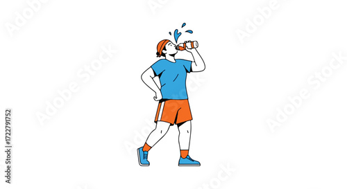 Animated figure enjoying refreshing hydration after exercise with a sports drink against a white canvas illustration of fitness and healthy habits