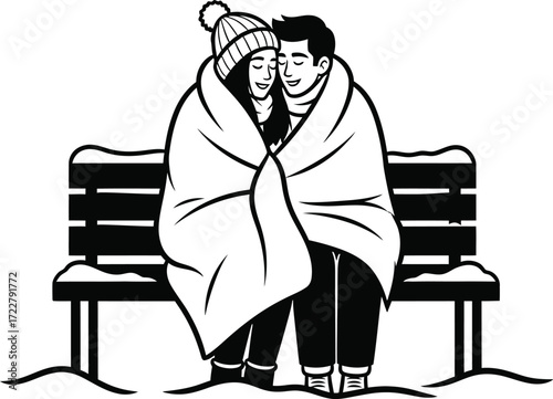 Couple wrapped in blanket sitting on snowy bench sharing a warm moment on transparent background