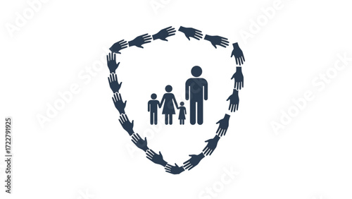 Advanced Family Protection Shield Icon Formed by Interlinked Community Hands: Symbolizing Security Unity Support and Welfare for Parents and Child in Social Safety Illustration