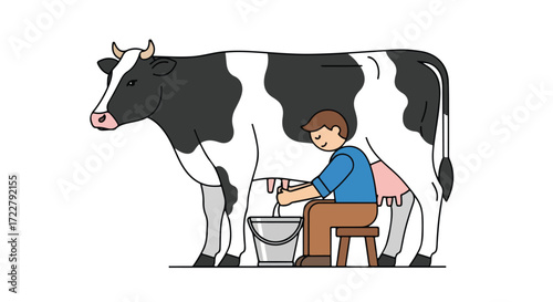 Simplified farmer milking a holstein cow by hand on a farm evoking rustic charm and rural simplicity illustration cartoonish style