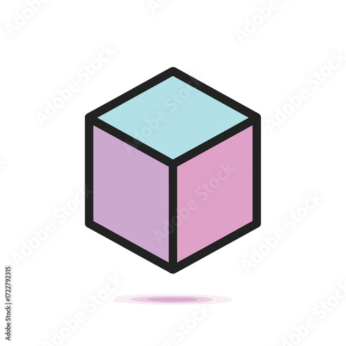 A minimalist 3D cube illustration in pastel blue and purple, with a subtle shadow, perfect for graphic design and abstract concepts