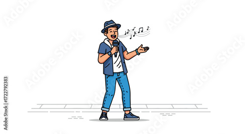 Cheerful cartoon singer illustration, featuring a stylish man holding a microphone and notes swirling above his head singing passionately