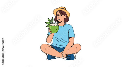 Relaxed vacationer enjoying a fresh coconut drink while sitting cross-legged in the sun, embodying tranquility and leisure