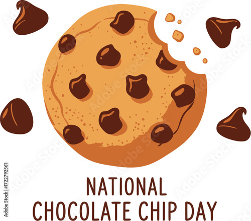 Deliciously tempting chocolate chip cookie with a bite taken out, surrounded by chips.