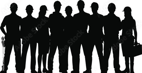 silhouette group of construction workers engineers architects builders team standing together teamwork industrial labor workforce safety helmets building industry project management 