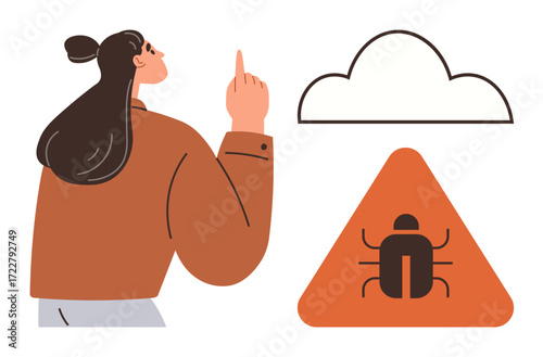 Woman gesturing towards a cloud and warning symbol featuring a bug. Ideal for cybersecurity, software issues, cloud technology, data breaches, problem-solving, risk management, simple flat metaphor
