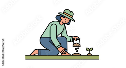 Illustrative woman gardener tending to soil, expertly sowing seeds, nurturing new growth, and fostering plant development in a minimalist design