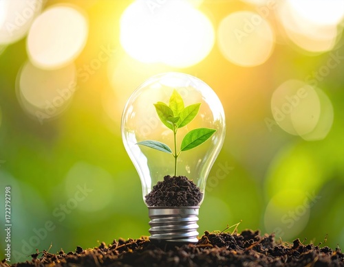 A young green plant grows inside a clear glass lightbulb on dirt, backlit by a soft-focus sunlight through green leaves