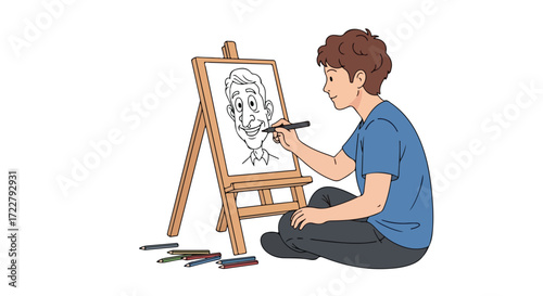 Capturing likeness: young artist drawing a comical portrait on canvas at home studio, artistic pursuit  developing skills and capturing expressions