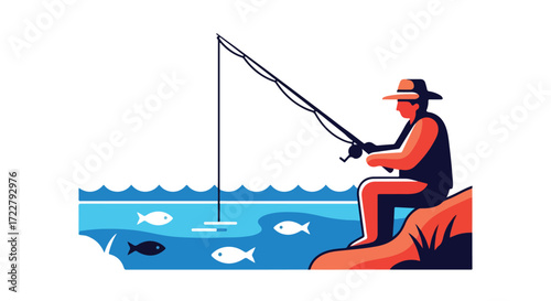 Stylized fisherman illustration casting his line into the water with fishes below the surface in a tranquil setting