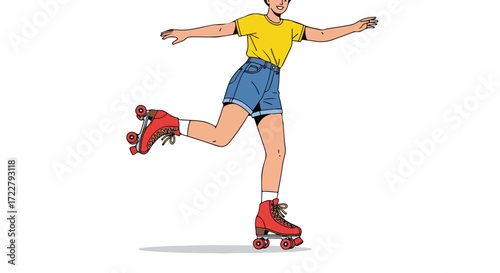 Illustrative Joyride: Animated Character Roller Skating with Vibrant Retro Style and Dynamic Pose conveying Happiness and Freedom