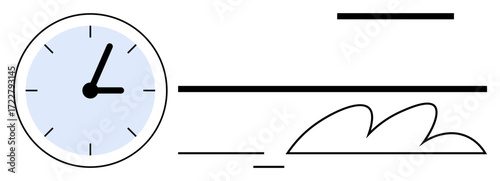 Analog clock with curved motion lines and abstract shapes conveying speed, productivity, and efficiency. Ideal for time management, deadlines, scheduling, punctuality, business, workflow planning