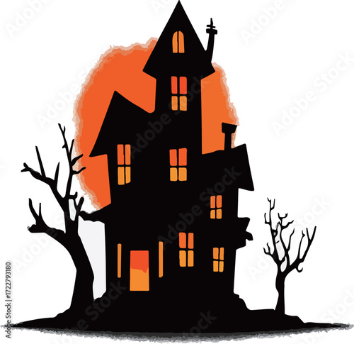 Halloween haunted castle vector image, horror, withered trees, orange sunset at dusk