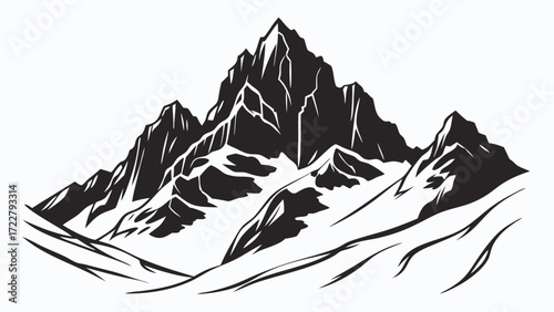 Vector art of dramatic black and white illustration of a jagged mountain range with snowcovered slopes