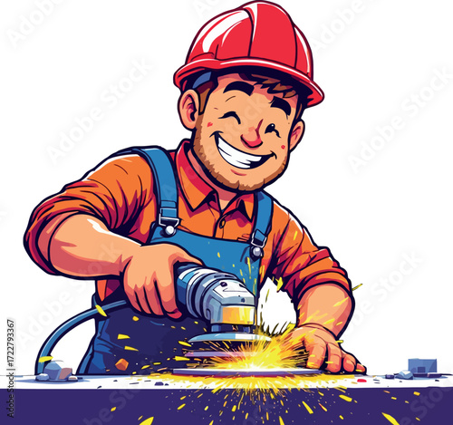 Vsai smiling worker grinding metal creating sparks