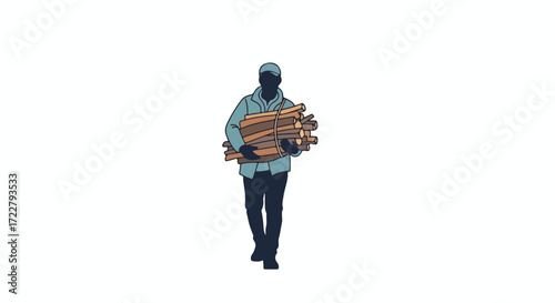 Illustration of a man silhouette carrying firewood, symbolizing winter preparation, warmth source and rural lifestyle on a white background