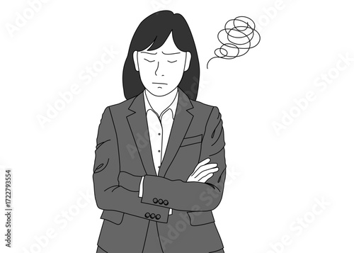 腕組みをして考え込む 悩むビジネスウーマン女性のイラスト 上半身正面 モノクロ