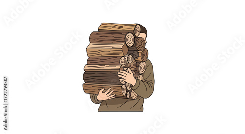 Digital illustration depicting a man carrying a stack of firewood preparing for winter warmth and energy source for home heating and comfort during