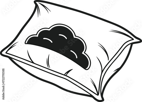 Vector art of black and white illustration of a pillow with a cloud design