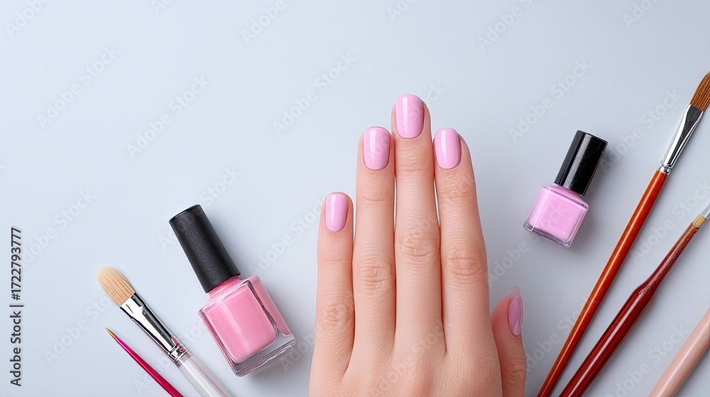 Obraz premium Elegant Pink Manicure Setup with Nail Polish Bottles and Brushes on Soft Background